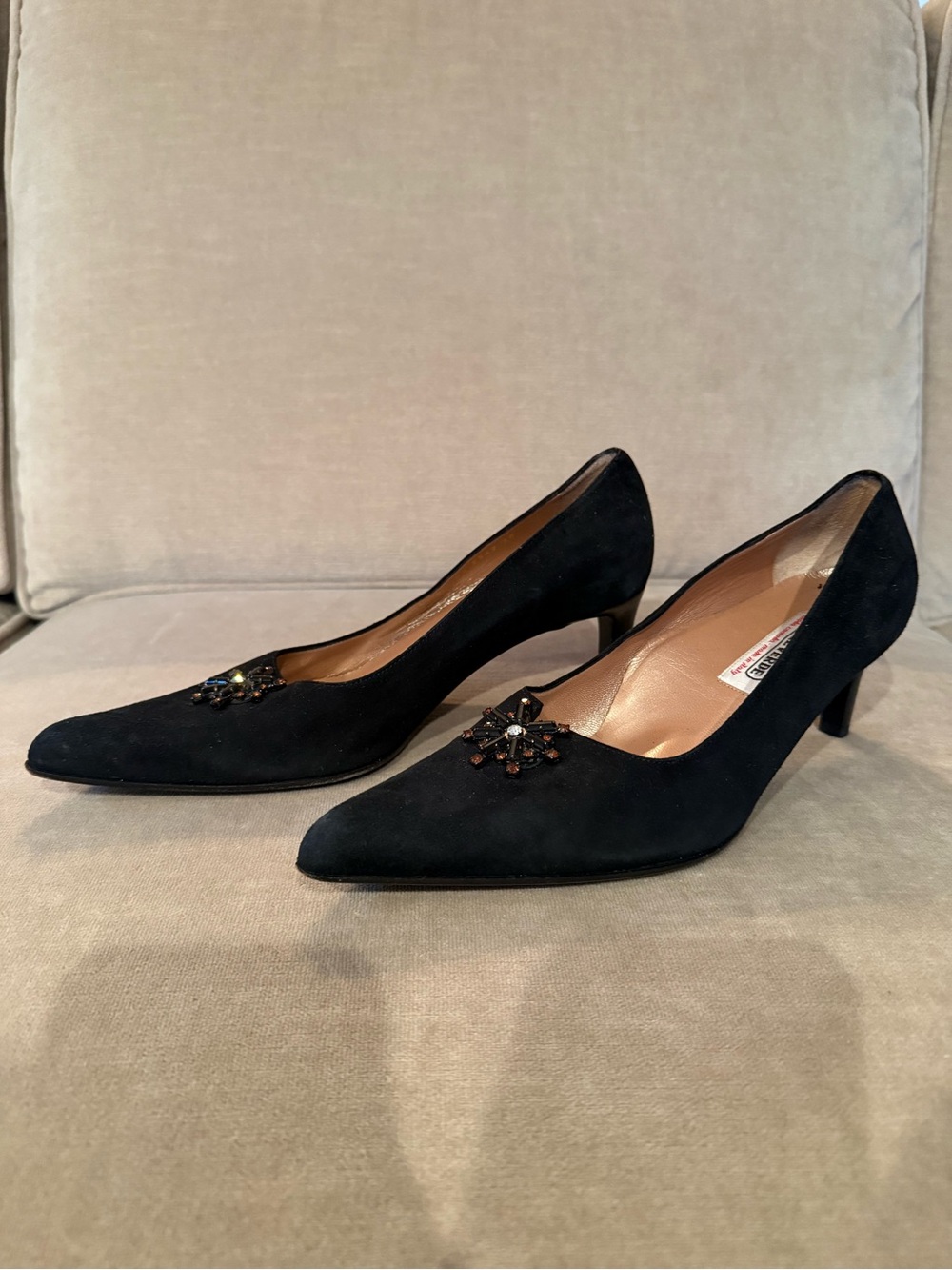 Valle Verde Italian Black Suede Embellished Kitten Heel Pumps - Women